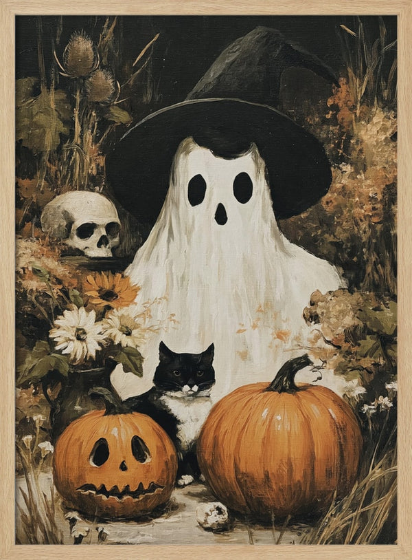 Spooky Ghost Cat Pumpkins Halloween Wall Art Print – Cute Kawaii Halloween Poster