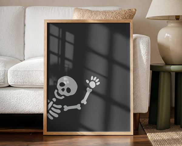 Friendly Waving Skeleton Halloween Wall Art Print – Cute Kawaii Halloween Poster