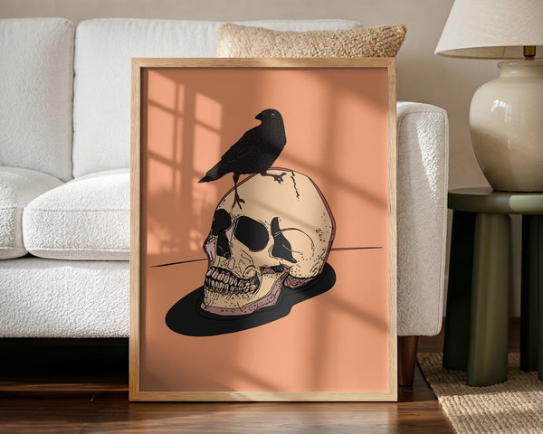 Raven on Human Skull Halloween Wall Art Print – Gothic Vintage Halloween Poster