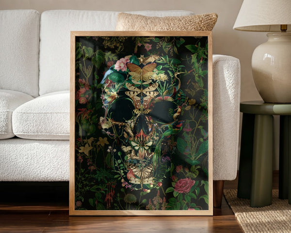 Dark Botanical Skull Halloween Wall Art Print – Gothic Skull Halloween Poster