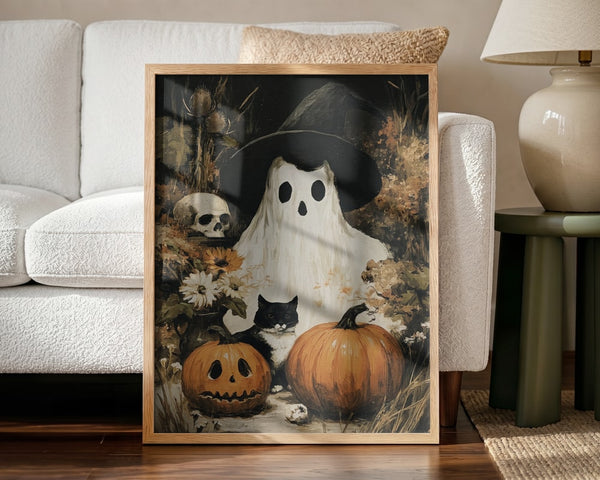 Spooky Ghost Cat Pumpkins Halloween Wall Art Print – Cute Kawaii Halloween Poster