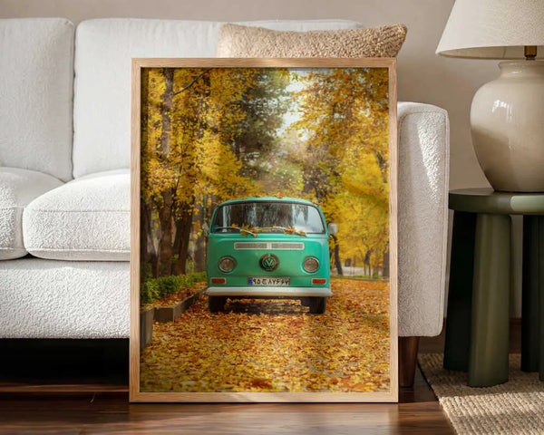 Green Van Autumn Road Art Print UK — Landscape Vibrant Wall Art — Living Room — Wall It All Prints