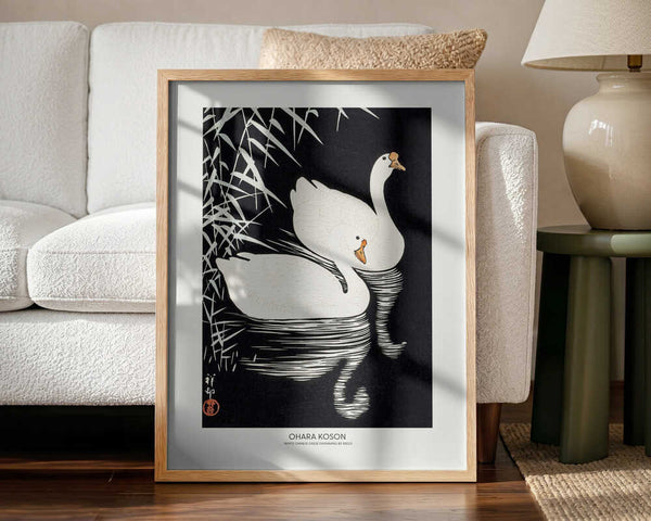 White Chinese Geese Swimming by Reeds Art Print UK — Japanese Dark Wall Art — Living Room — Wall It All Prints
