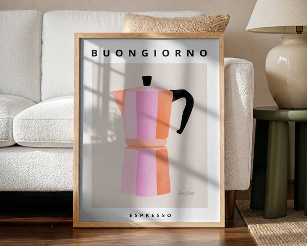 Colorful Moka Pot Espresso Art Print UK — Botanical Vibrant Wall Art — Kitchen — Wall It All Prints