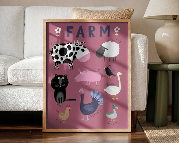 Framed Cute Farm Animals nursery print displayed in a countryside-themed playroom.