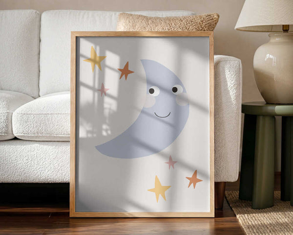 Framed Sweet Moon And Stars nursery print displayed above a cot in a calm baby room.