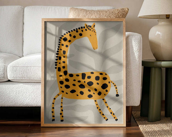 Framed Whimsical Safari Giraffe print displayed in a neutral safari-themed nursery.