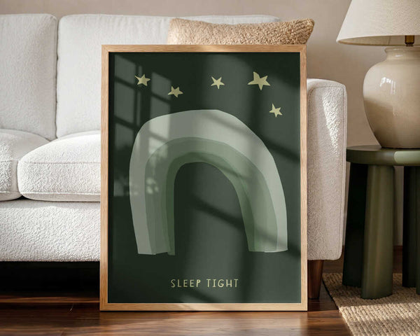 Framed Sleep Tight Stars rainbow nursery wall art print displayed above a cot in a calm baby room.