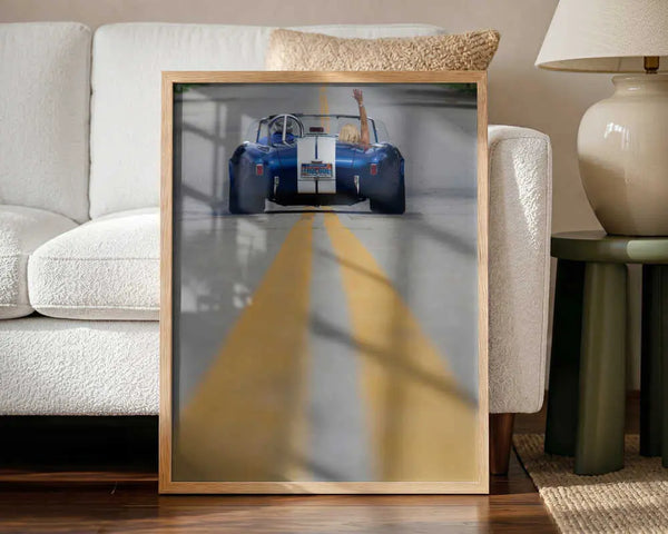 Blue Roadster Waving Drive Art Print UK — Portrait Vibrant Wall Art — Living Room — Wall It All Prints