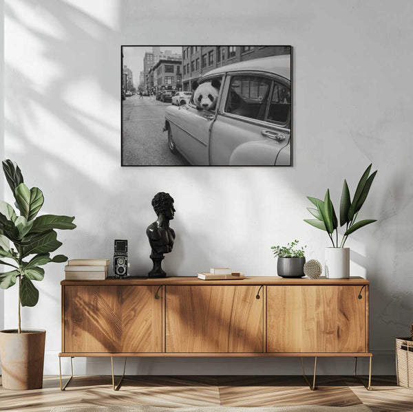 Panda in a Classic Car
