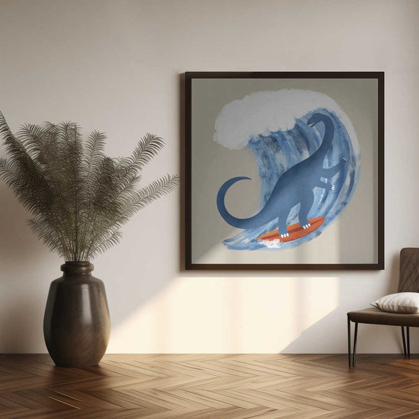 Framed Whimsical Surfing Dinosaur print displayed in a playful kids bedroom.