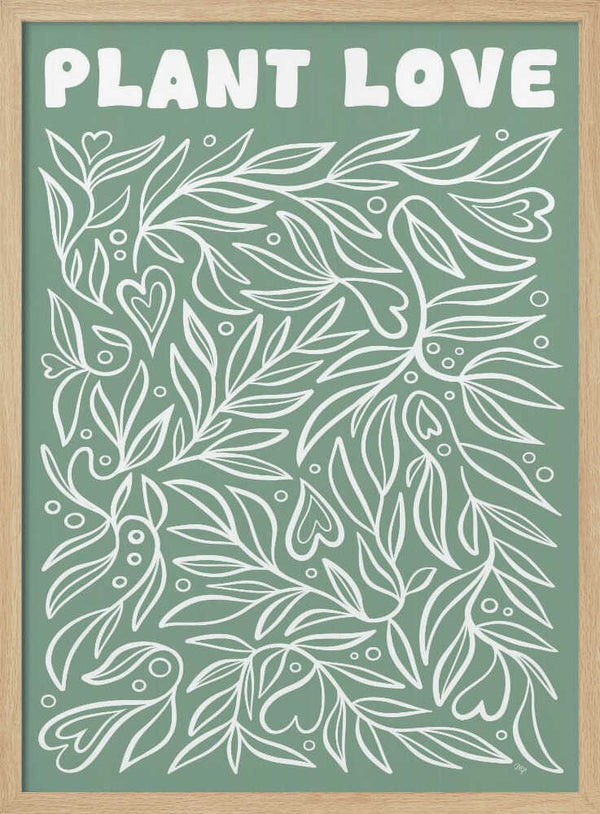 Sage green leaves forming heart shapes, botanical wall art print for office or bedroom.