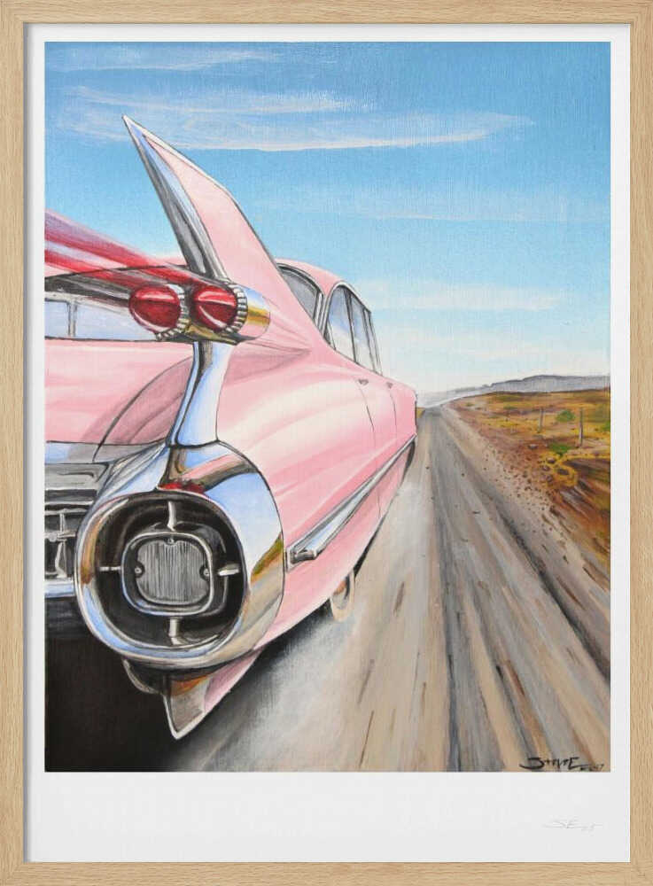 Pink Car Open Road Art Print UK — Vintage Vibrant Wall Art — Living Room — Wall It All Prints