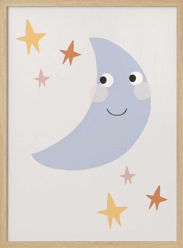Smiling crescent moon with little stars in soft pastel tones, nursery wall art print.