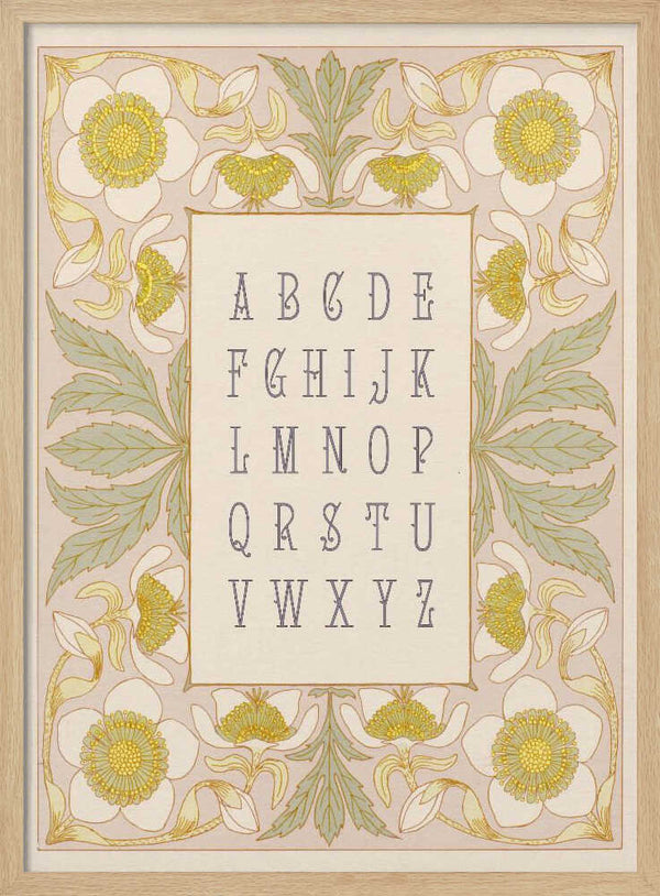 Ornate alphabet letterforms surrounded by anemone and garden florals, alphabet nursery print.