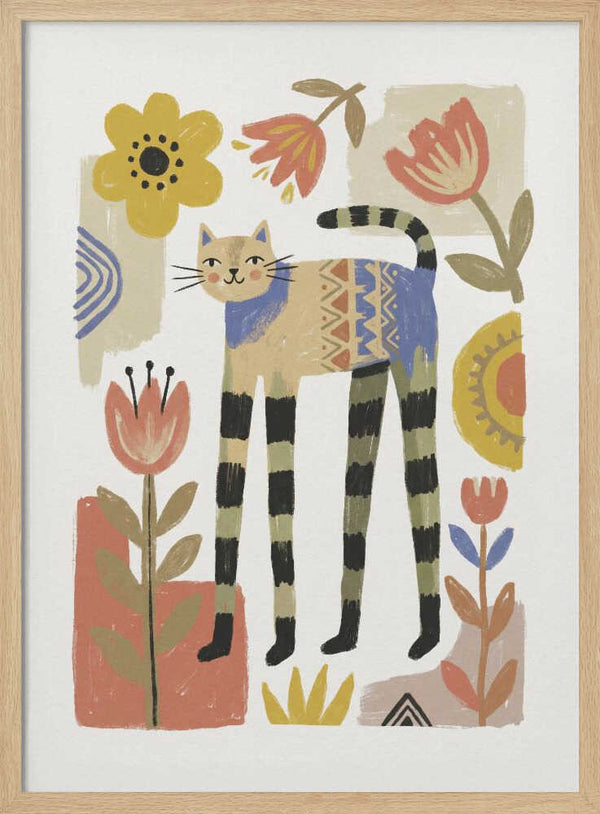 Stylised cat illustration with folk florals and geometric patterns, animal nursery wall art print.