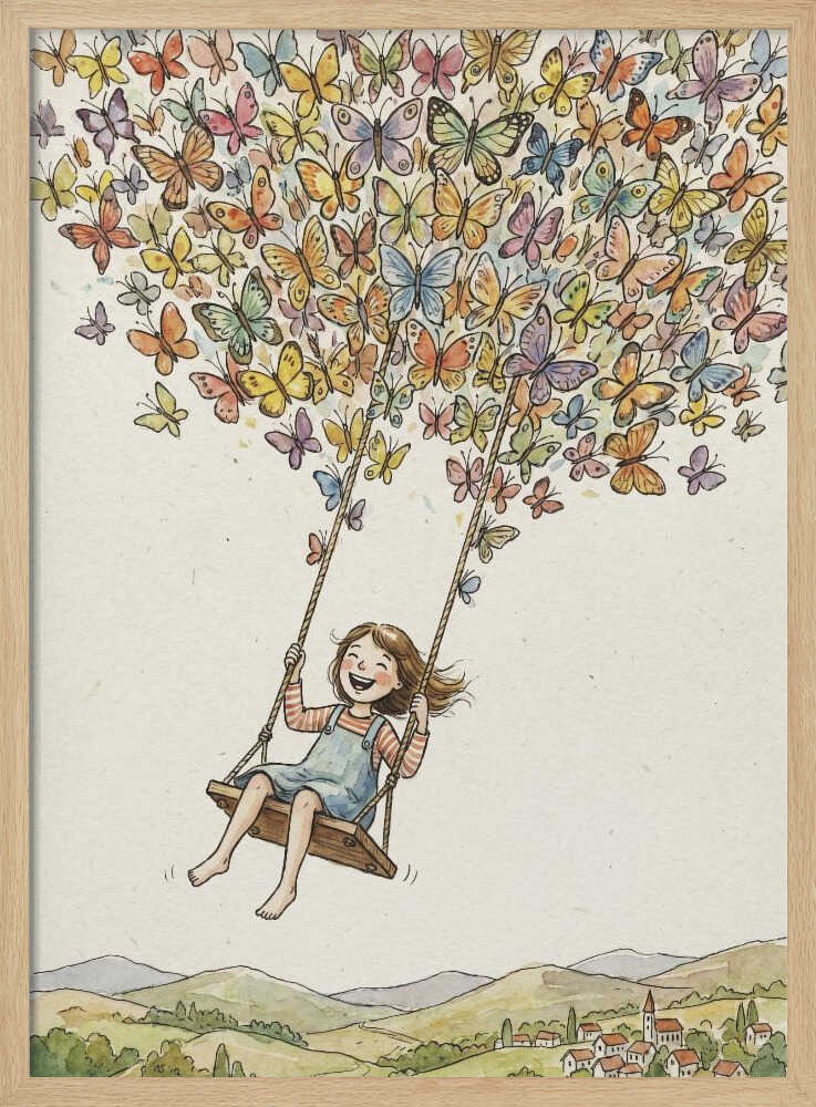 Watercolour illustration of a girl swinging beneath colourful butterflies, kids wall art print.