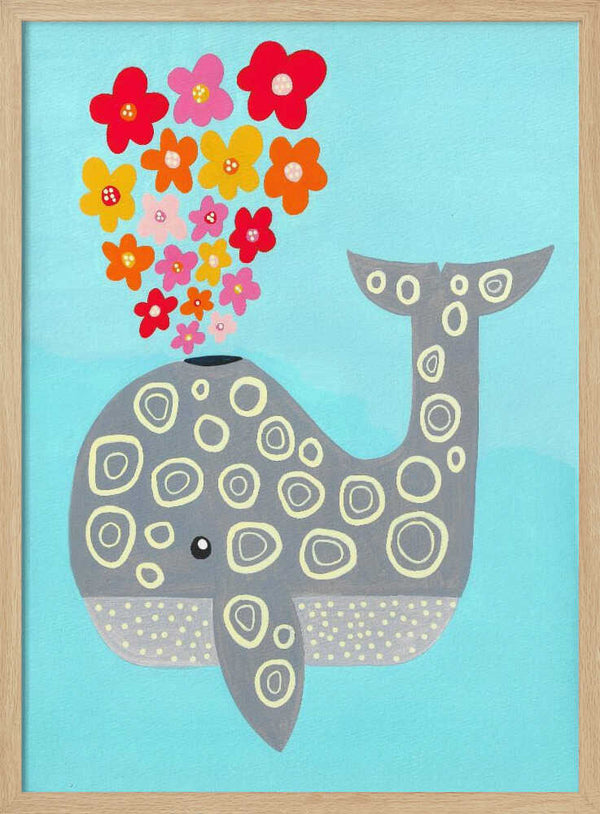 Blue whale illustration with a floral water spout, ocean nursery wall art print.