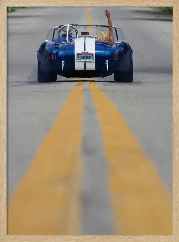 Blue Roadster Waving Drive Art Print UK — Portrait Vibrant Wall Art — Living Room — Wall It All Prints