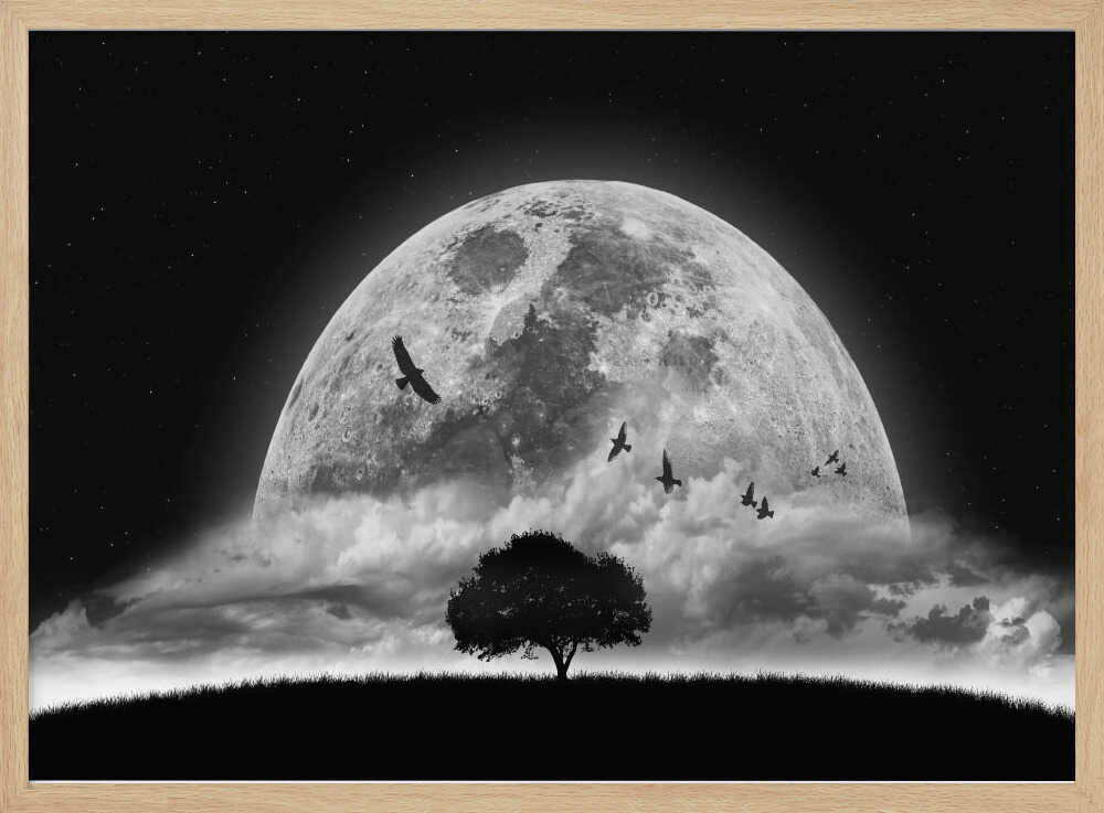 Lone Tree Under Moon Art Print UK — Dark Moody Calm Wall Art — Living Room — Wall It All Prints