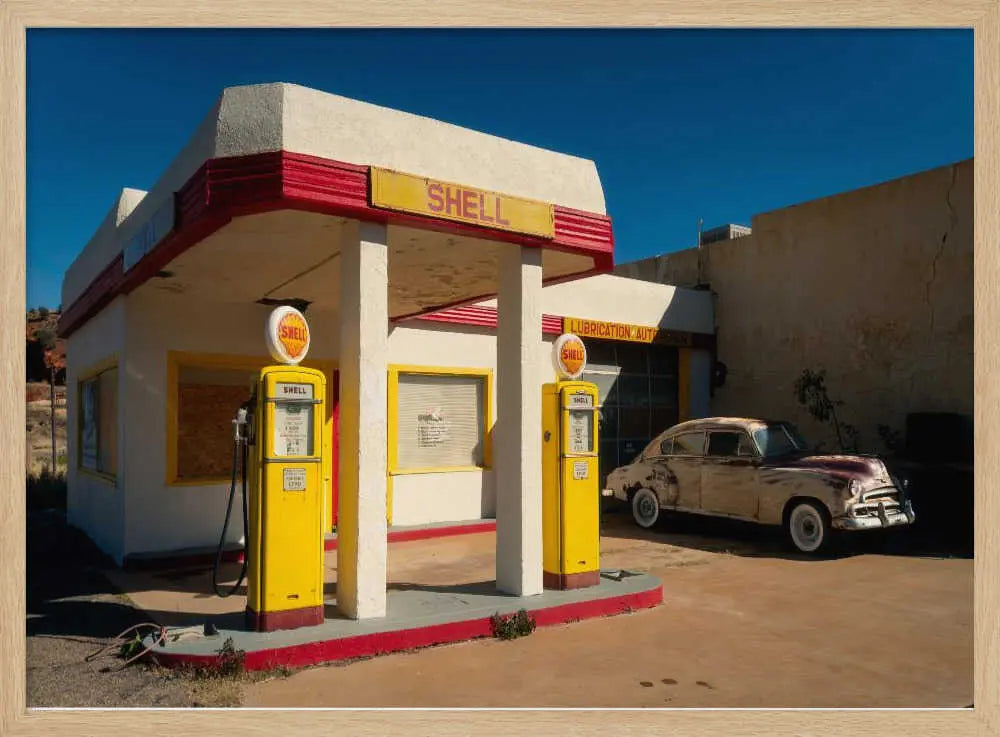 Vintage Gas Station Car Art Print UK — Landscape Vibrant Wall Art — Living Room — Wall It All Prints