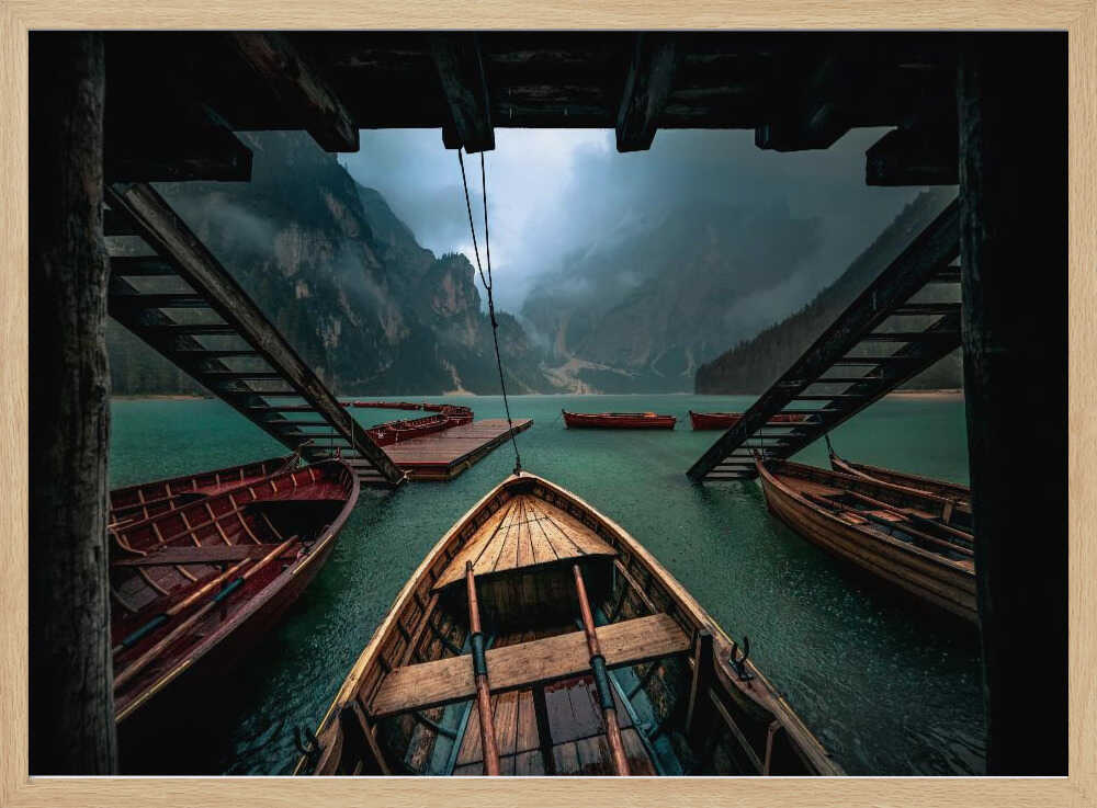 Misty Mountain Lake Boats Art Print UK — Dark Moody Calm Wall Art — Bedroom — Wall It All Prints