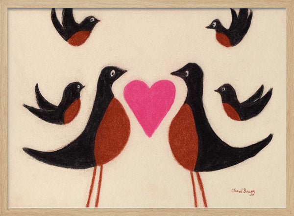 Illustrated bird couple and babies with pink and red heart details, bird nursery wall art print.