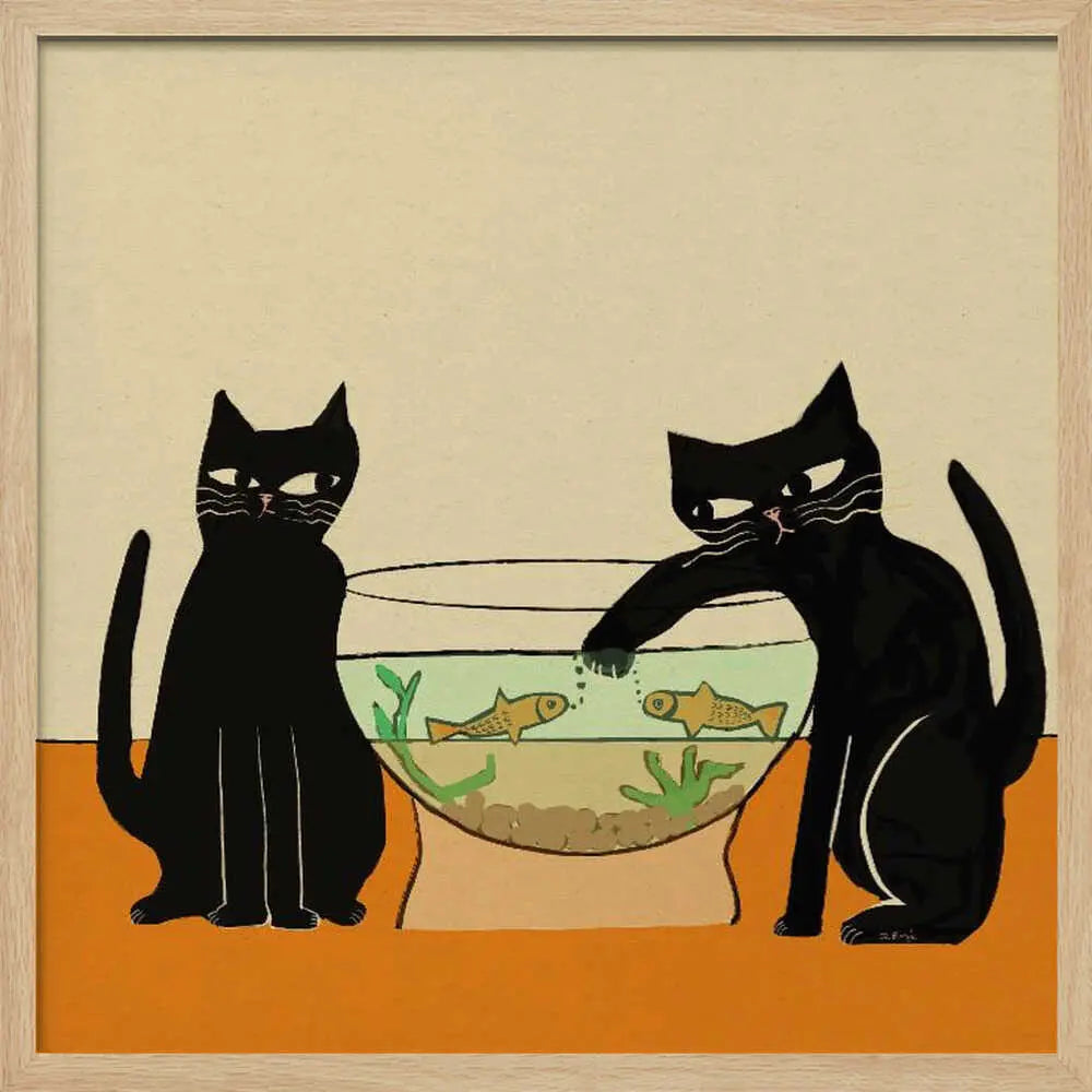Mischievous Cat And Fish Art Print UK — Botanical Dark Wall Art — Living Room — Wall It All Prints