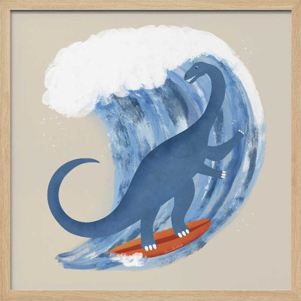 Long-necked cartoon dinosaur riding a blue ocean wave, dinosaur nursery wall art print.