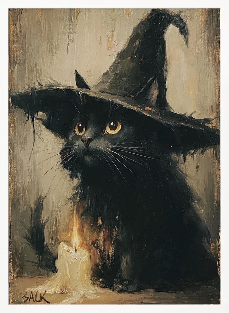 Curious Witch Cat Halloween Wall Art Print – Cute Kawaii Halloween Poster