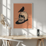 Raven on Human Skull Halloween Wall Art Print – Gothic Vintage Halloween Poster
