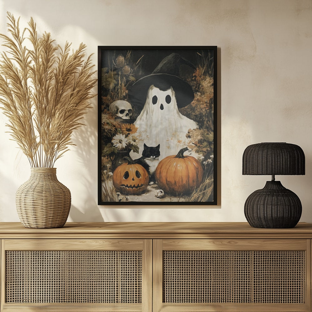Spooky Ghost Cat Pumpkins Halloween Wall Art Print – Cute Kawaii Halloween Poster
