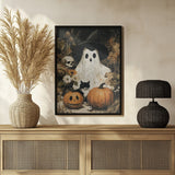Spooky Ghost Cat Pumpkins Halloween Wall Art Print – Cute Kawaii Halloween Poster