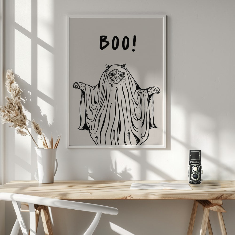 Cute Ghost Cat Halloween Wall Art Print – Cute Kawaii Halloween Poster