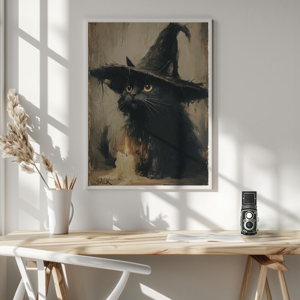 Curious Witch Cat Halloween Wall Art Print – Cute Kawaii Halloween Poster