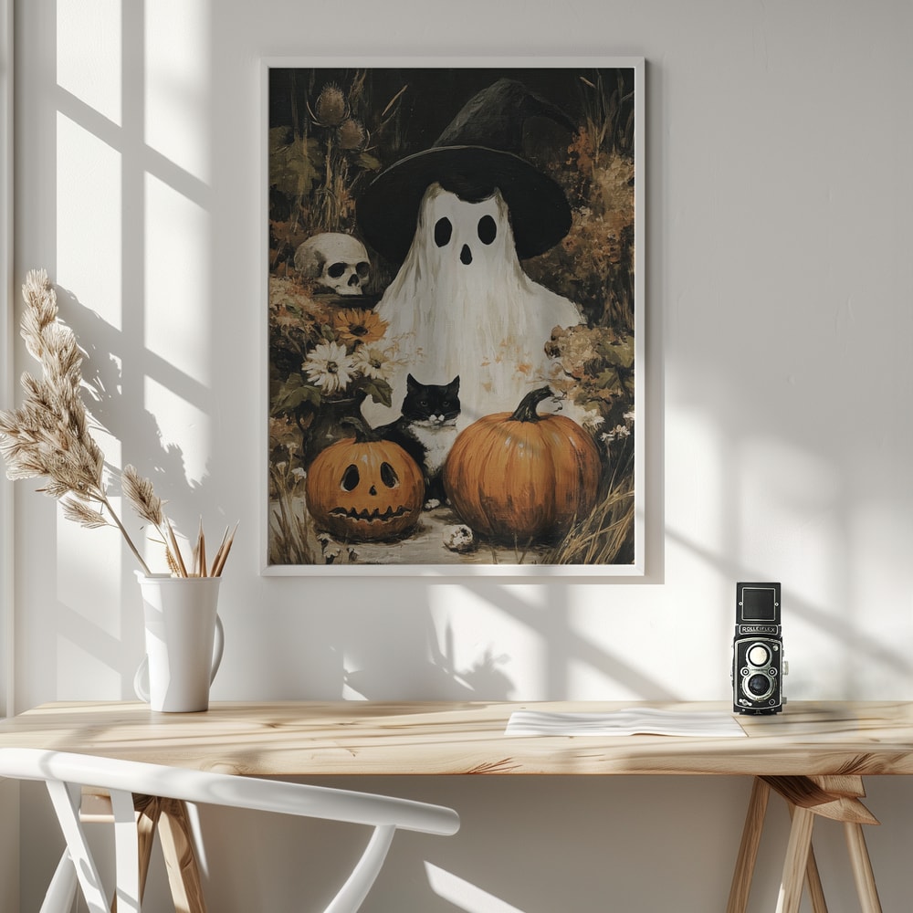 Spooky Ghost Cat Pumpkins Halloween Wall Art Print – Cute Kawaii Halloween Poster