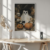 Spooky Ghost Cat Pumpkins Halloween Wall Art Print – Cute Kawaii Halloween Poster