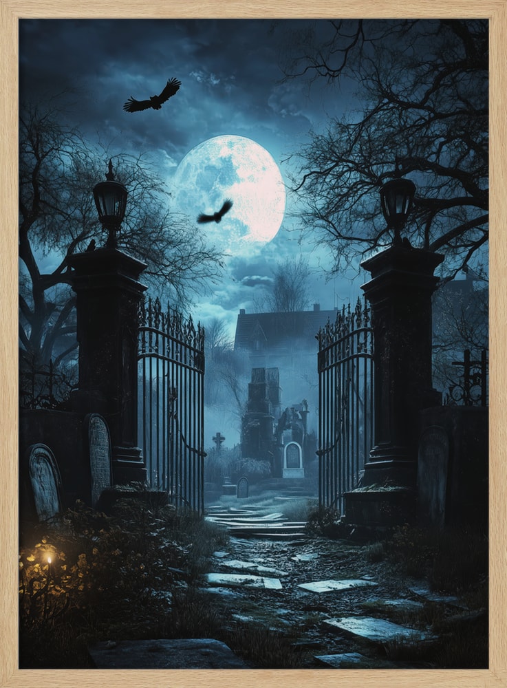 Moonlit Cemetery Gates Halloween Wall Art Print – Gothic Vintage Halloween Poster