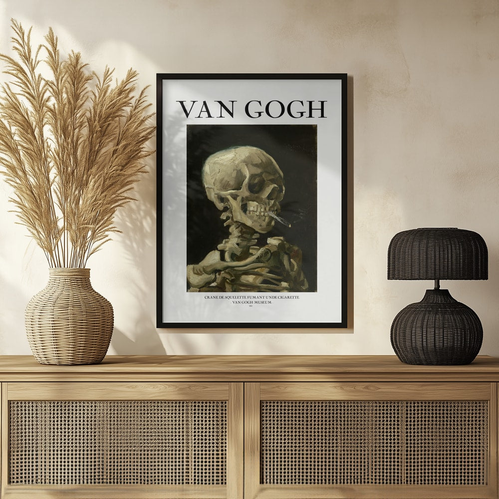 Head of a skeleton with a burning cigarette – Van Gogh Halloween Wall Art Print – Fine Art Halloween Poster