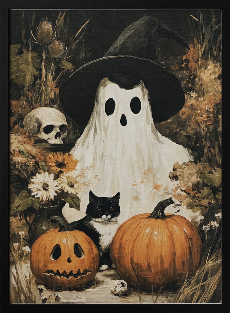 Spooky Ghost Cat Pumpkins Halloween Wall Art Print – Cute Kawaii Halloween Poster