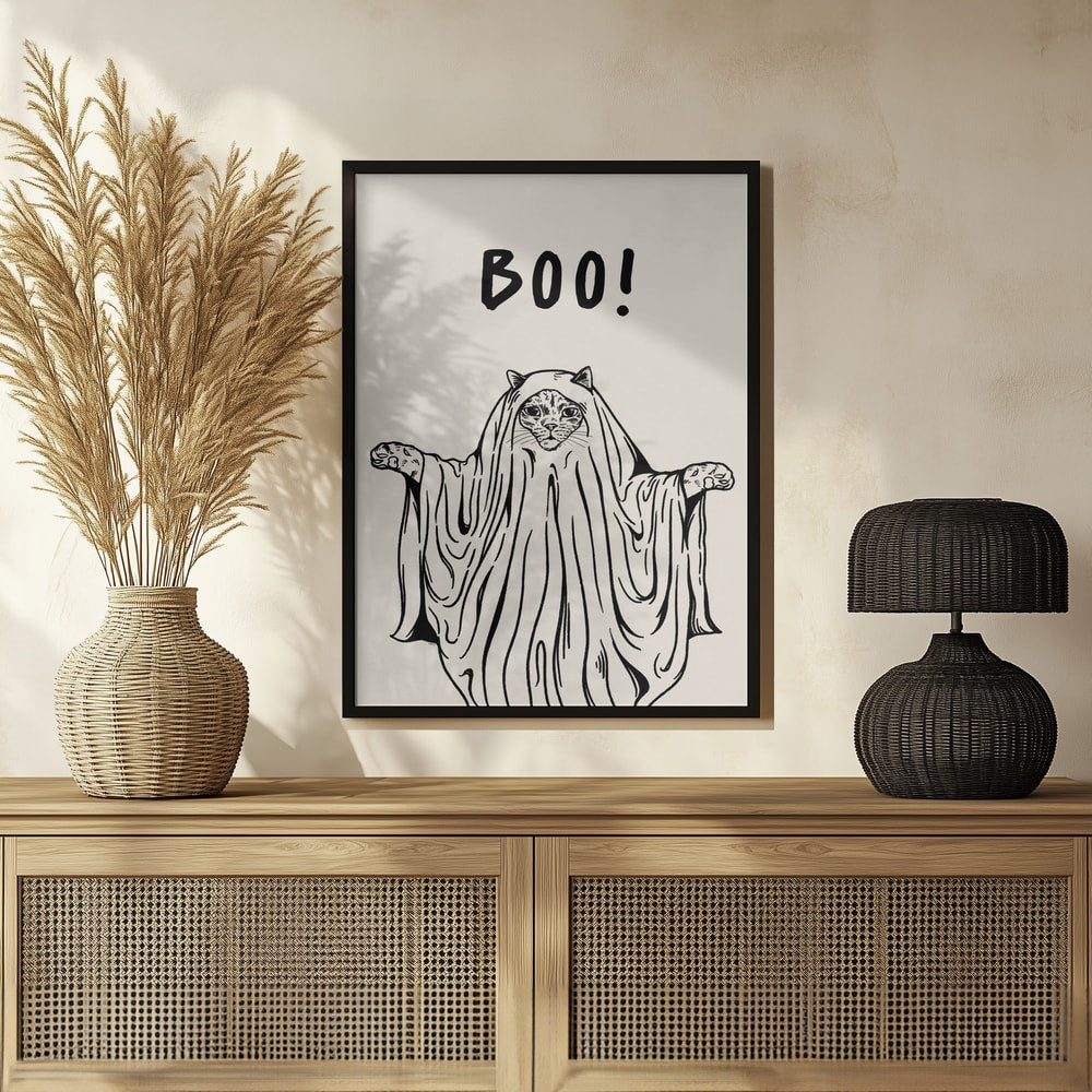 Cute Ghost Cat Halloween Wall Art Print – Cute Kawaii Halloween Poster