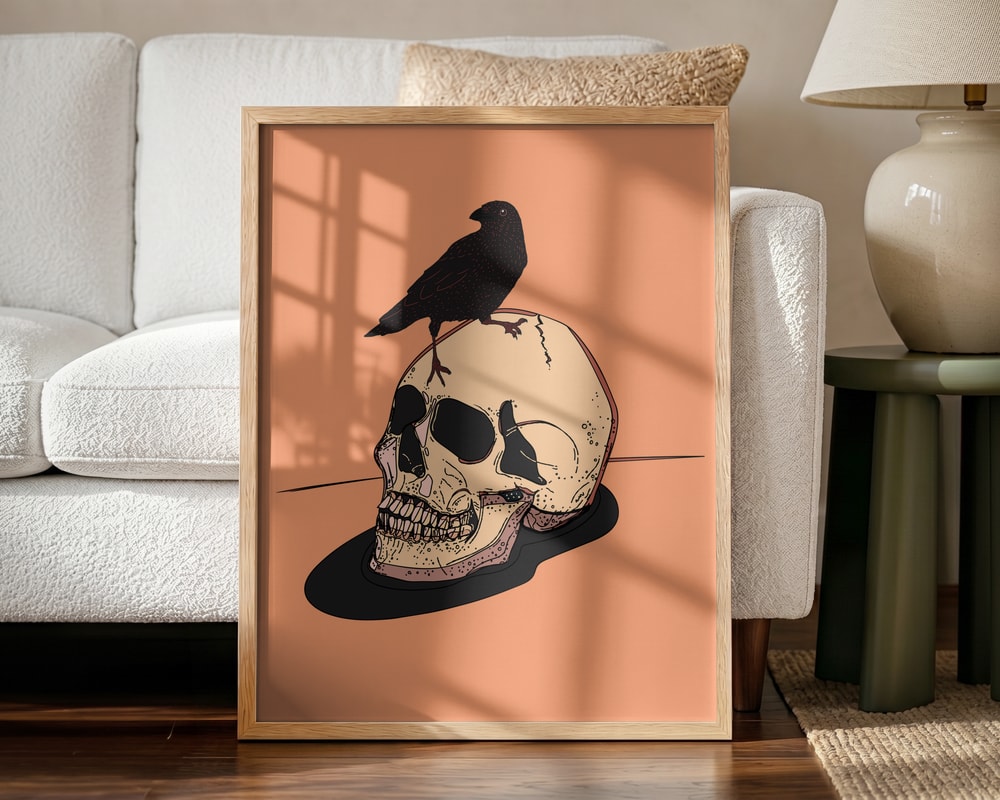 Raven on Human Skull Halloween Wall Art Print – Gothic Vintage Halloween Poster