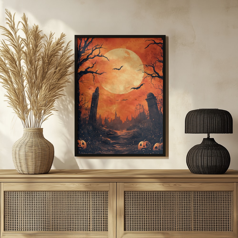 Haunted Graveyard Moon Halloween Wall Art Print – Gothic Vintage Halloween Poster