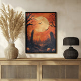 Haunted Graveyard Moon Halloween Wall Art Print – Gothic Vintage Halloween Poster