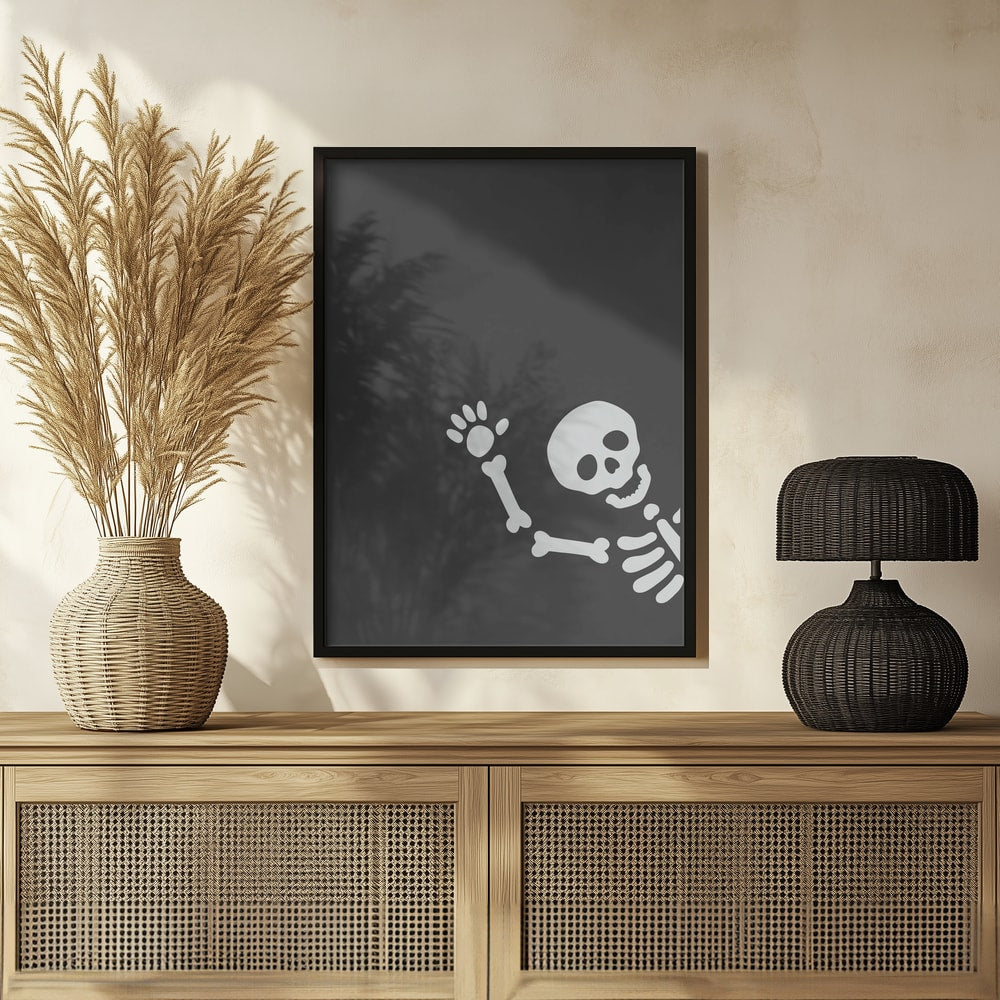 Waving Halloween Skeleton Halloween Wall Art Print – Cute Kawaii Halloween Poster