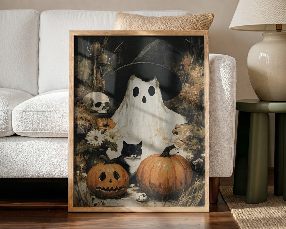 Spooky Ghost Cat Pumpkins Halloween Wall Art Print – Cute Kawaii Halloween Poster