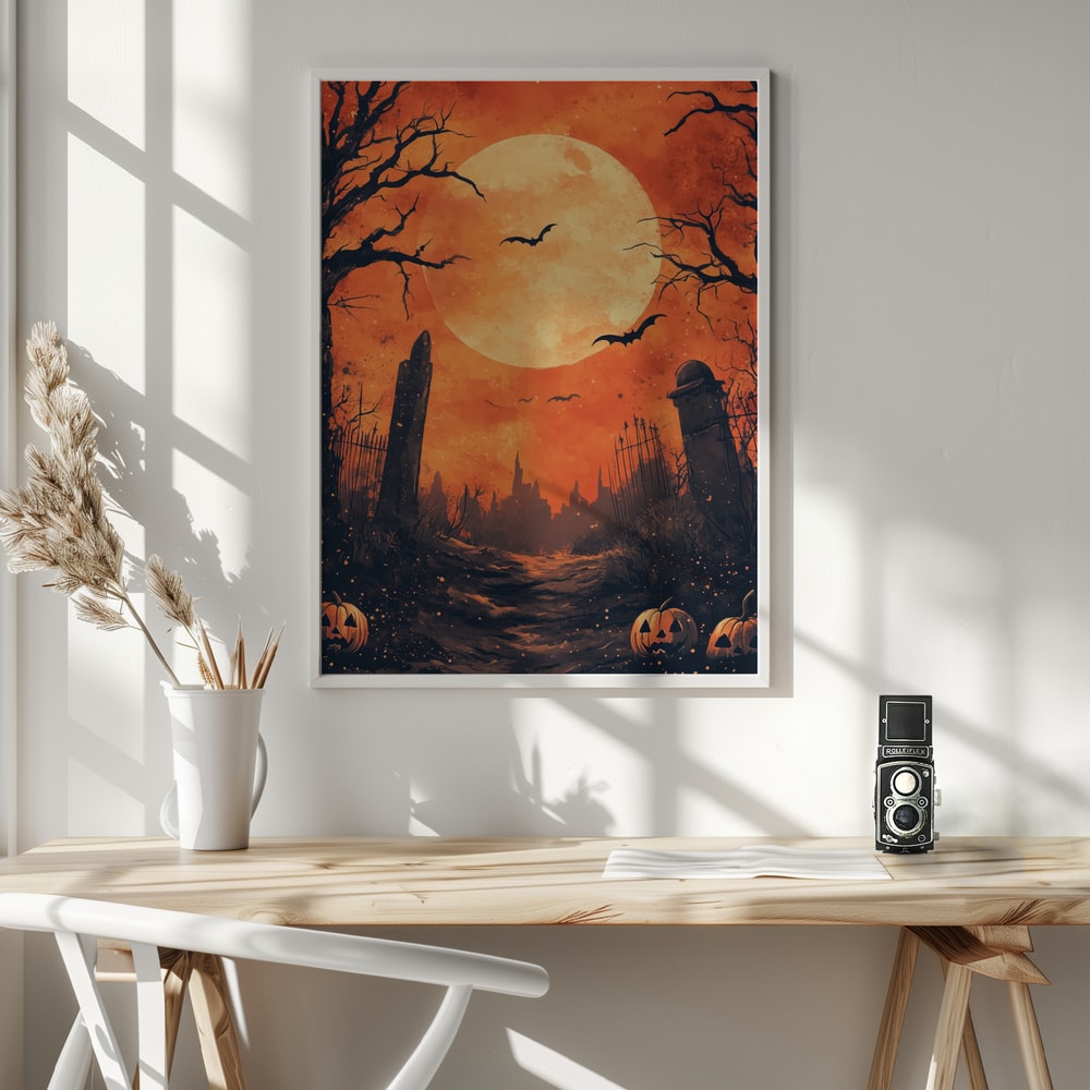Haunted Graveyard Moon Halloween Wall Art Print – Gothic Vintage Halloween Poster