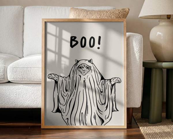 Cute Ghost Cat Halloween Wall Art Print – Cute Kawaii Halloween Poster