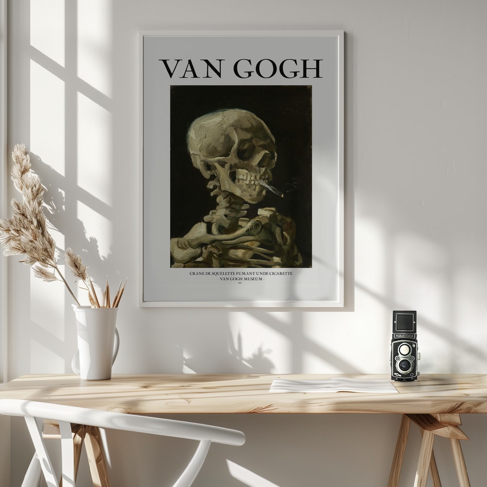 Head of a skeleton with a burning cigarette – Van Gogh Halloween Wall Art Print – Fine Art Halloween Poster