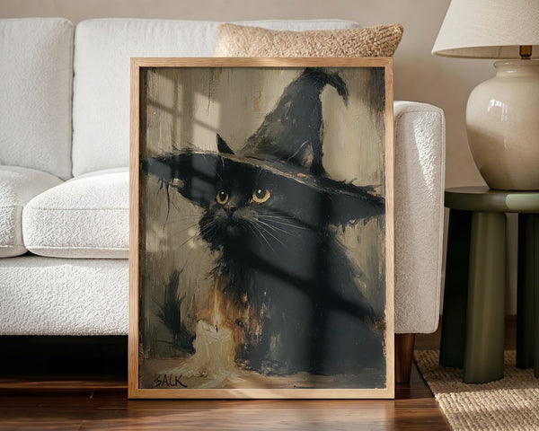 Curious Witch Cat Halloween Wall Art Print – Cute Kawaii Halloween Poster